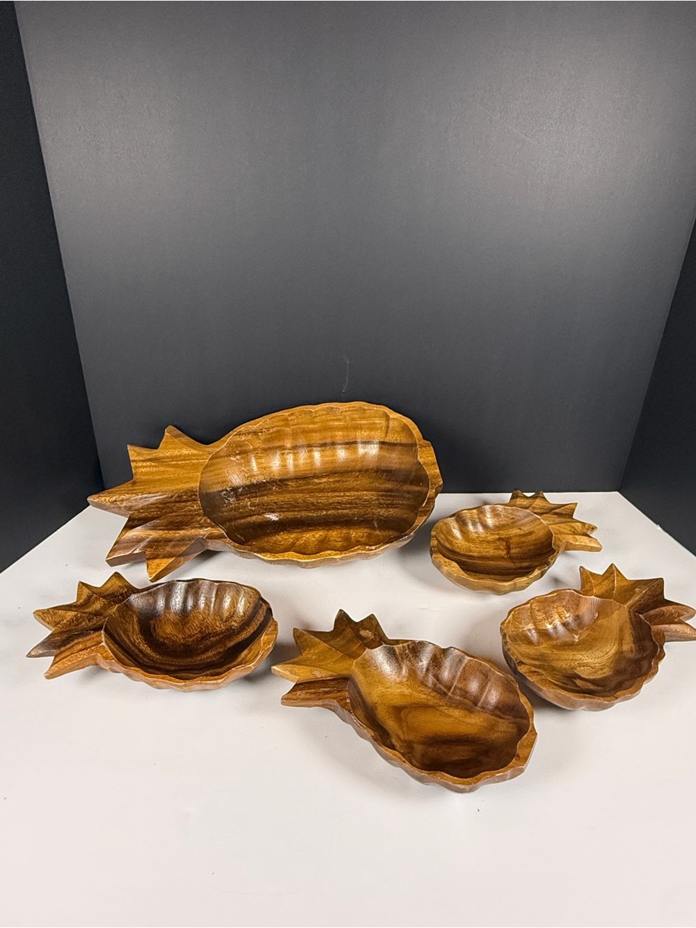 Vintage MCM Hand Carved Monkey Pod Wood Pineapple Bowl Set
